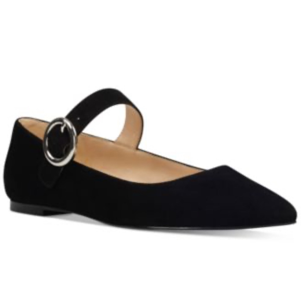 Nine West Aimee Sz 10 1/2 pointed Mary-Jane Flats Black suede side buckle shoes